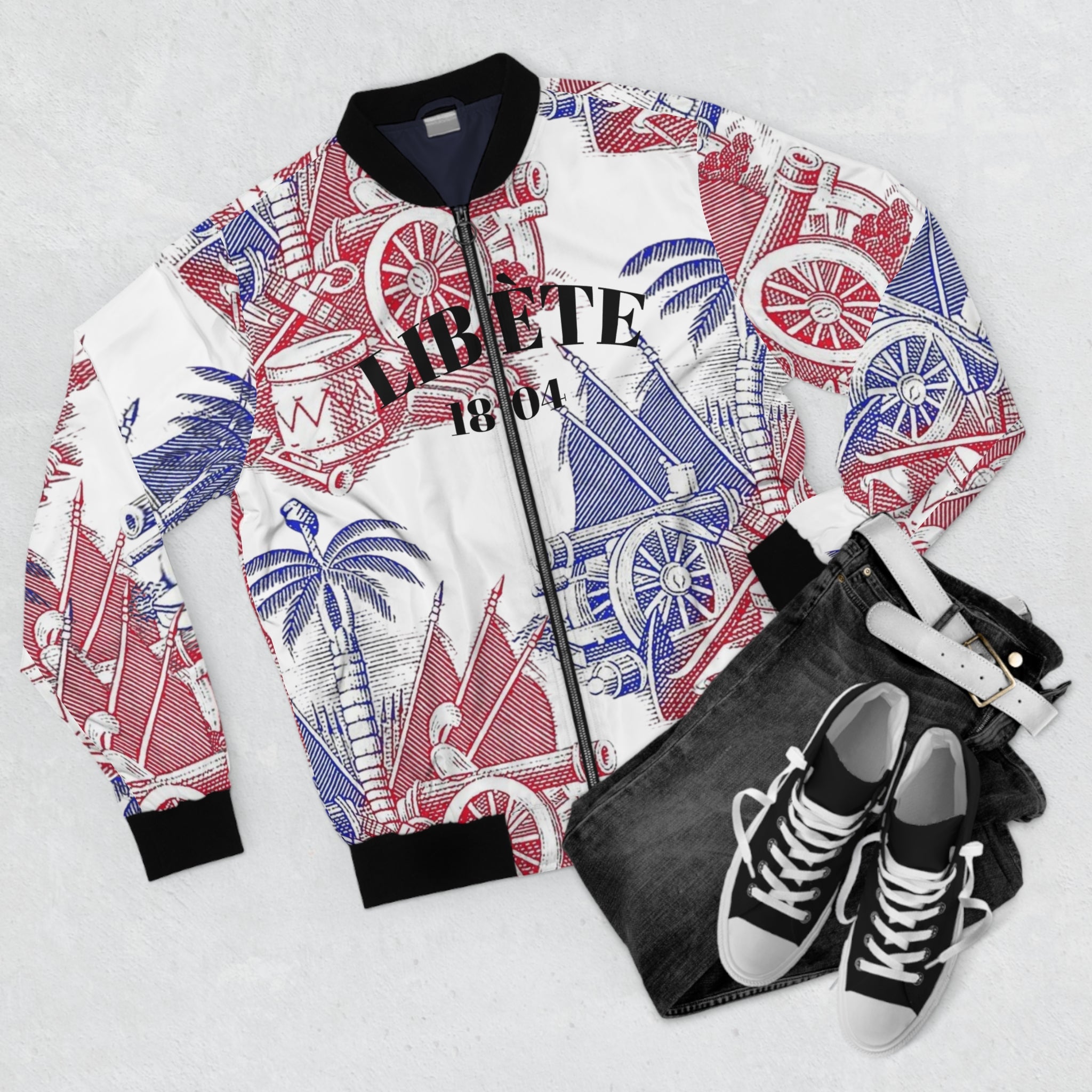 1804 Patriotic Cannon Print Bomber Jacket — Vintage Red, White & Blue