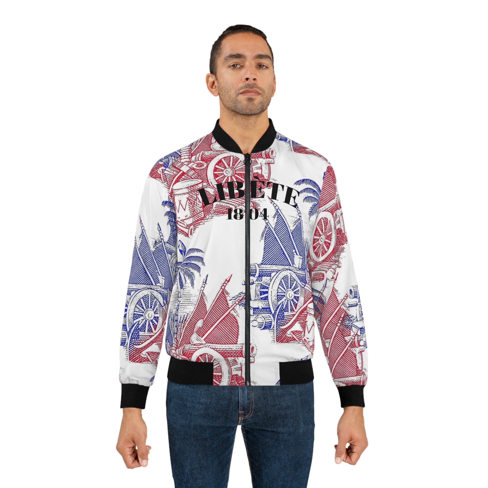 1804 Patriotic Cannon Print Bomber Jacket — Vintage Red, White & Blue